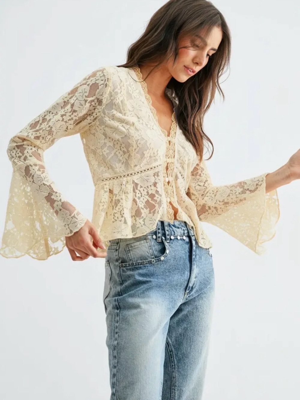 Lace Peplum Button-Front Blouse in Cream - Picture 3 of 10